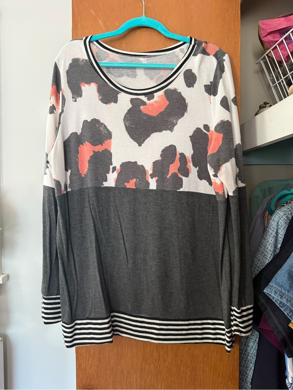 Orange leopard and grey sweatshirt